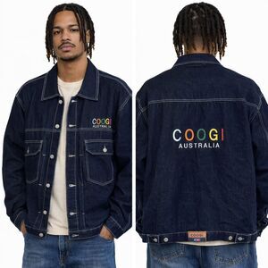 Coogi Streetwear Jean Jacket Mens Sz XXL Dark Raw Denim Hip Hop Y2K Embroidered